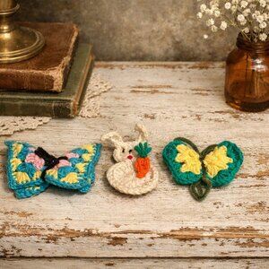 Vintage Handmade Crocheted Animal Magnets | Bunny Butterfly | Retro Kitchen Deco